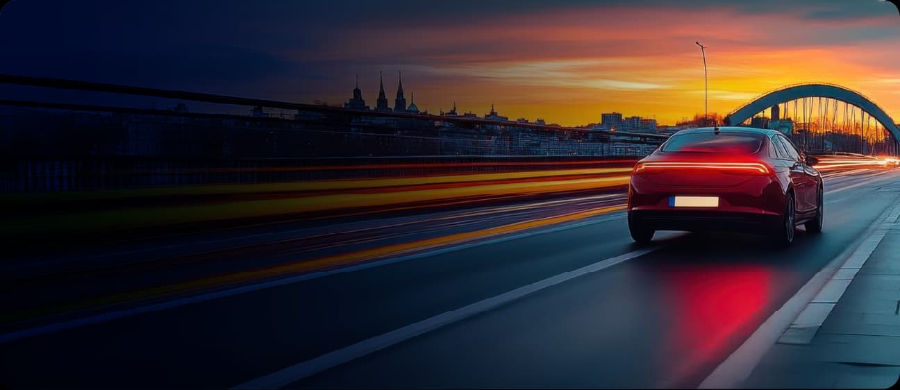 Banner do catálogo da linha de carros Mobil com veículo vermelho em estrada ao pôr do sol.