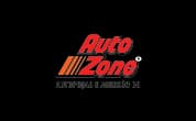 Logo da AutoZone, marca parceira da Mobil, com nome da marca em vermelho e laranja e texto sobre autopeças e acessórios.