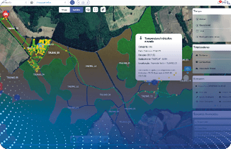 Mapa digital de monitoramento agrícola com alerta de temperatura hidráulica elevada em equipamento.