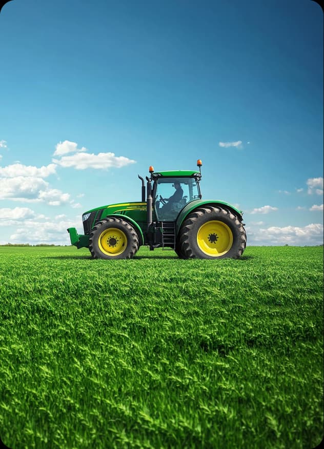 Trator verde e amarelo em campo agrícola com gramado verde, céu azul e nuvens ao fundo.