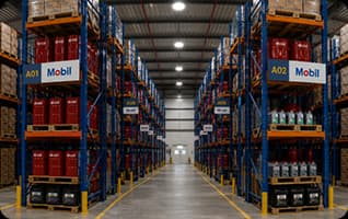 Prateleiras de centro de distribuição com tambores, galões e embalagens de produtos Mobil armazenados.
