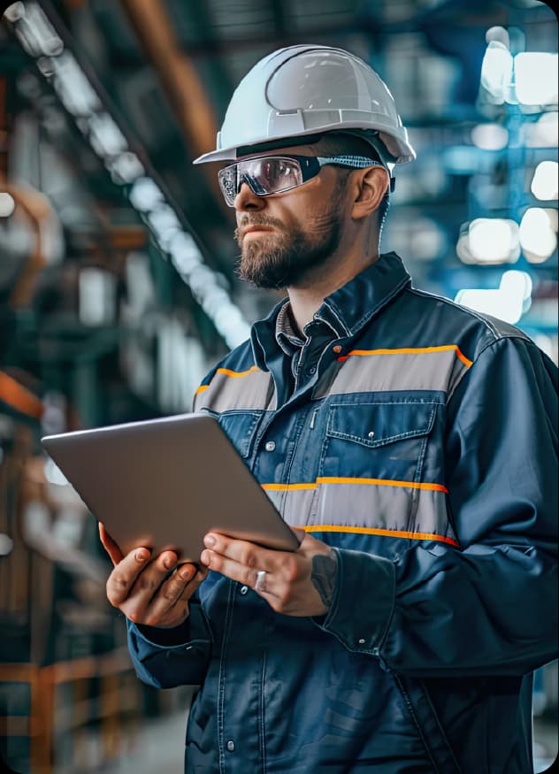 Profissional usando capacete, óculos de proteção e uniforme industrial segurando tablet dentro de fábrica.