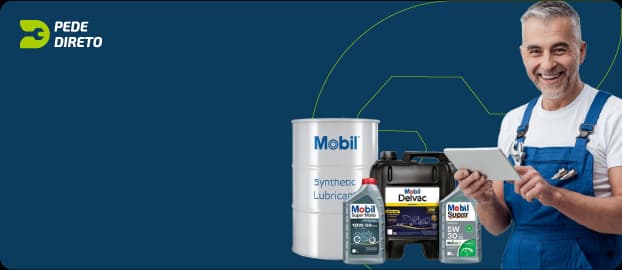 Banner do Pede Direto para empresas com mecânico segurando tablet e produtos Mobil para compra online.