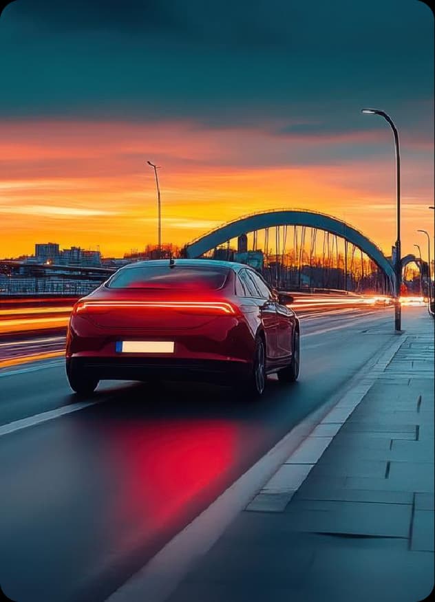 Carro em estrada molhada ao pôr do sol, com ponte ao fundo e reflexo das lanternas na pista.