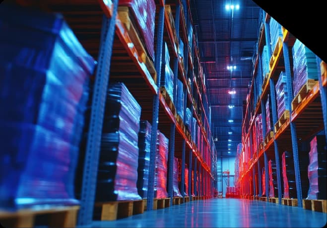 Interior de galpão de logística e distribuição com prateleiras altas e pallets armazenados.